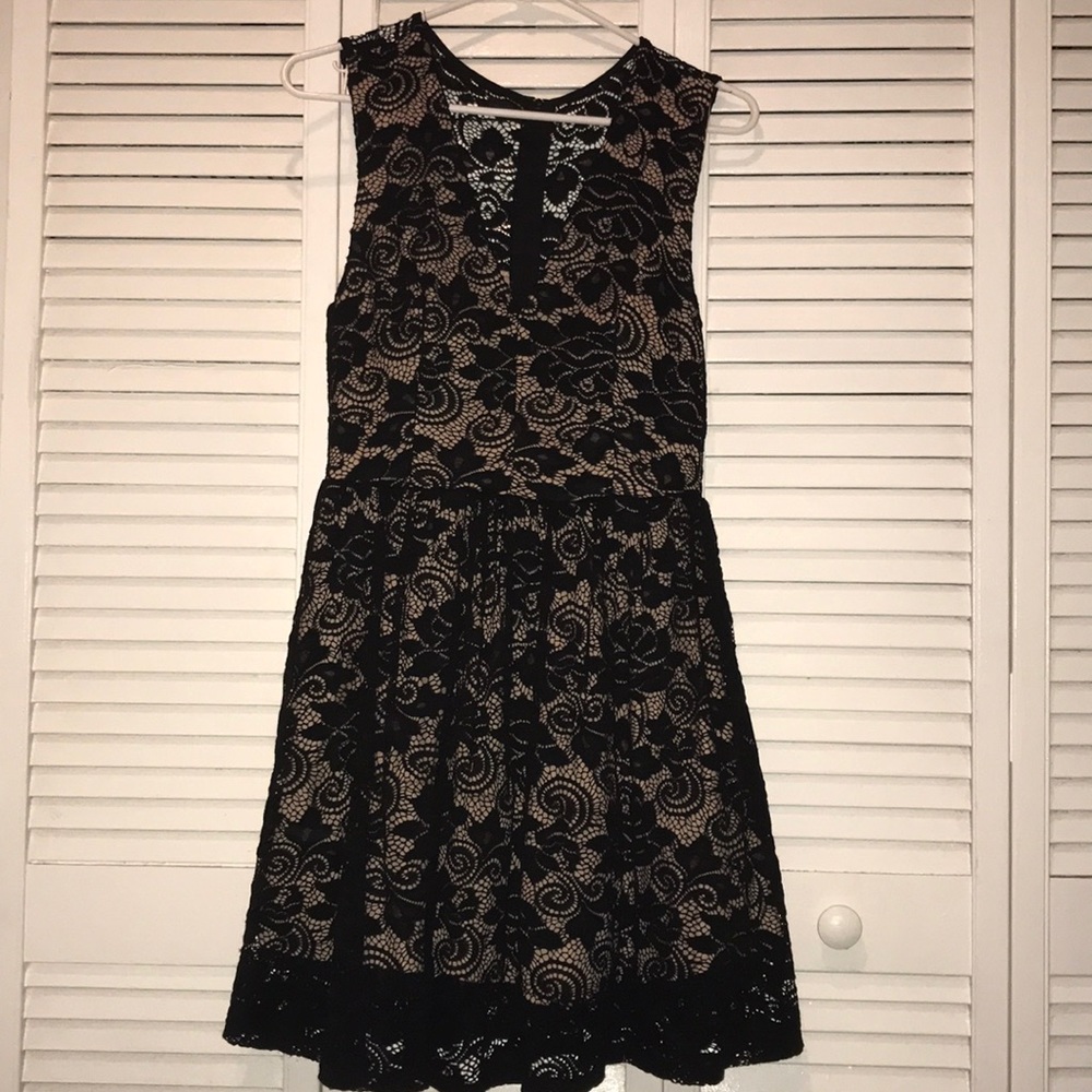 Black lace with nude underlay short dress